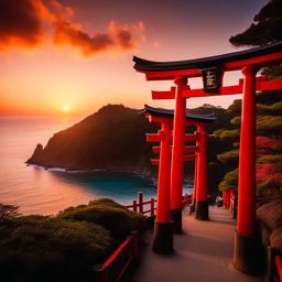 motonosumi inari shrine - paint the surreal night atmosphere of motonosumi inari shrine, with its row of red torii gates leading to the edge of a cliff overlooking the sea. 