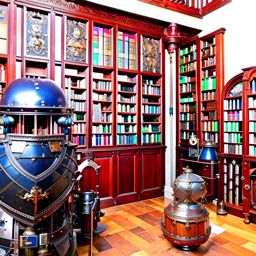 medieval castle library housing rare manuscripts and suits of armor. 