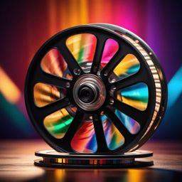 Film Reel - An old film reel with vintage film strips hyperrealistic, intricately detailed, color depth,splash art, concept art, mid shot, sharp focus, dramatic, 2/3 face angle, side light, colorful background