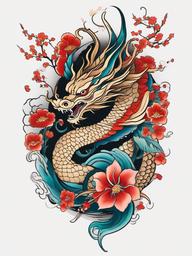 Japanese Dragon and Flower Tattoo - Dragon and flowers in Japanese tattoo style.  simple color tattoo,white background,minimal