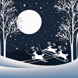 Santa sleigh clipart, Santa Claus and his reindeer taking off into the snowy night.  simple, 2d flat