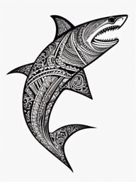 Shark Tattoo-tribal-inspired shark design with intricate patterns, adding cultural depth to the tattoo. Colored tattoo designs, minimalist, white background.  color tatto style, minimalist design, white background