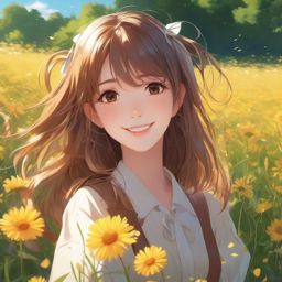 Cheerful anime girl in a sunny meadow. , aesthetic anime, portrait, centered, head and hair visible, pfp