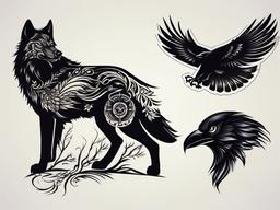 wolf and crow tattoo  simple vector color tattoo