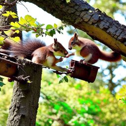 squirrels attempting a tightrope walking act between tree branches, losing their balance and tumbling. 