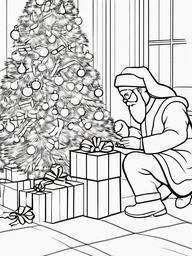 Santa Delivering Gifts Coloring Pages - Placing Presents Under the Christmas Tree  minimal black outline printable sheet, coloring page