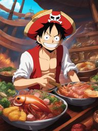 luffy devours a massive feast of meat and seafood on a lively pirate ship. 