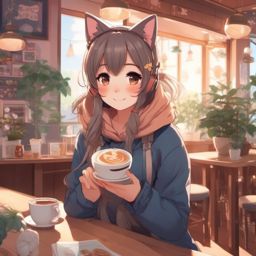 Adorable catgirl in a cozy cat cafe.  front facing ,centered portrait shot, cute anime color style, pfp, full face visible