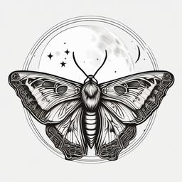 Moon Moth Tattoo - Infuse celestial vibes into your tattoo with a design featuring a moth drawn to the moon, symbolizing mystery and transformation.  simple vector color tattoo, minimal, white background