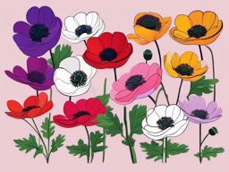 Anemone Clip Art - Vibrant anemones in various colors,  color vector clipart, minimal style