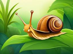 Snail Cartoon - Cartoon of snail crawling on leaf  