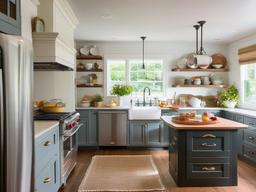 Cottage kitchen features open shelving, a cozy breakfast nook, and vintage dishware that create a charming and functional space for cooking and dining.  