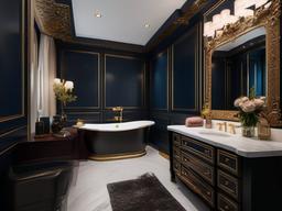 Baroque small bathroom embraces rich colors, ornate details, and luxurious finishes that create a dramatic and sophisticated environment.  