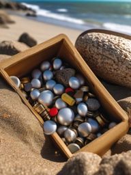 Beachside treasure hunts and geocaching close shot perspective view, photo realistic background, hyper detail, high resolution