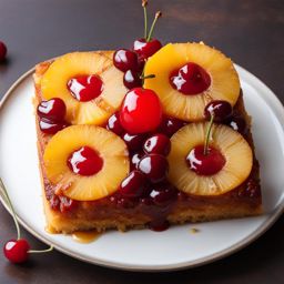 pineapple upside-down cake with caramelized pineapple and maraschino cherries. 