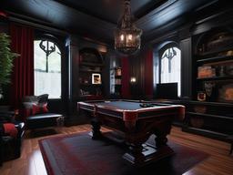 Gothic gamer room incorporates dark furniture, rich colors, and dramatic decor that create a moody and immersive gaming space.  