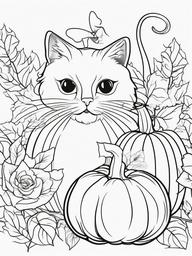 Pumpkin with Cats Coloring Pages - Curious Cats Playing Around Pumpkins  minimal black outline printable sheet, coloring page