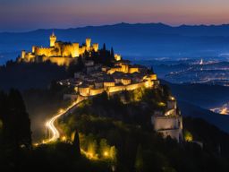 san marino - paint the medieval charm of san marino, with its historic towers and fortifications lit up against the night sky. 