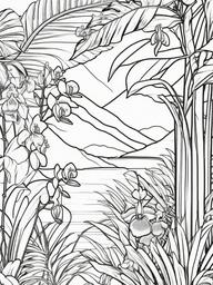 Orchid coloring page sheet - Exotic orchids hanging gracefully in a tropical rainforest.  black outline printable coloring page