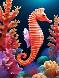 Seahorse Clipart in the Coral Reef,Delicate seahorse gracefully floating in a vibrant coral reef, symbolizing patience and protection. 