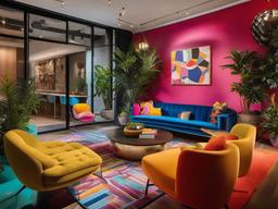 The terrace embraces Pop Art interior design with colorful furniture, fun decor, and vibrant plants, providing an exciting space for gatherings and enjoyment.  