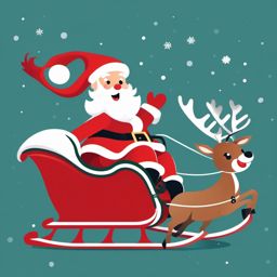 Santa on a sleigh clipart, Santa Claus joyfully riding in his sleigh with reindeer.  simple, 2d flat