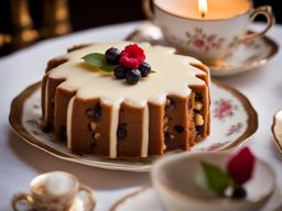 wedding fruitcake in a vintage tea room: picture a traditional fruitcake adorned with marzipan, featured in an elegant, candlelit tea room filled with antique teacups. 