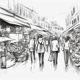 drawing of people shopping at a market  minimal rough sketch scribbles,doodles,black and white