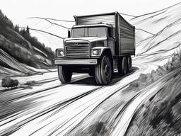 drawing of a truck on a mountain road  minimal rough sketch scribbles,doodles,black and white