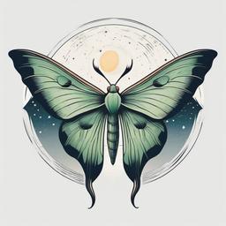 Luna Moth and Moon Tattoo - Capture the enchanting connection between a Luna moth and the moon in a tattoo design that symbolizes mystery and beauty.  simple vector color tattoo, minimal, white background