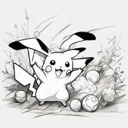 drawing of Pikachu playing with other Pokémon  minimal rough sketch scribbles,doodles,black and white