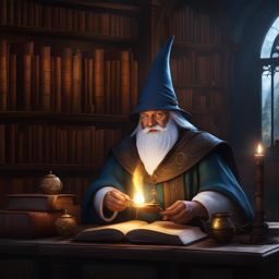 gnome wizard,thalia shadowcaster,deciphering an ancient arcane tome,a dimly lit library detailed matte painting, deep color, fantastical, intricate detail, splash screen, complementary colors, fantasy concept art, 8k resolution trending on artstation unreal engine 5