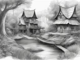 enchanted village - sketch an enchanted village hidden deep within a forest, inhabited by mystical beings. 