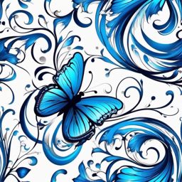 Abstract blue butterfly swirls ink. Whirling elegance of transformation.  color tattoo, white background