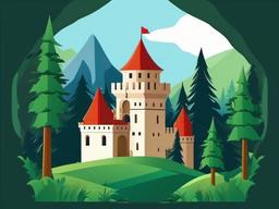 Small castle nestled between mountains and trees clipart.  vector style illustration, white background