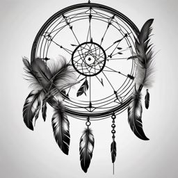 Bow and arrow with feathers and dreamcatcher ink. Native American symbolism.  minimalist black white tattoo style