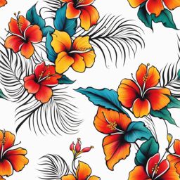 Hawaiian flower tattoo, Tattoos inspired by the vibrant and exotic flowers of Hawaii.  vivid colors, white background, tattoo design