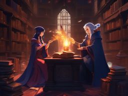 Mysterious mage and enigmatic mage companion, surrounded by ancient tomes and mystical artifacts, casting a powerful spell in a hidden arcane library, as a matching pfp for couples. wide shot, cool anime color style