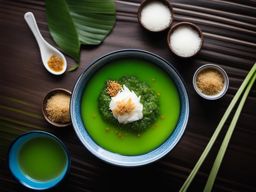 cendol, a southeast asian dessert with green rice flour jelly, coconut milk, and palm sugar. 