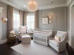 The nursery features Regency interior design with plush textiles, tasteful decor, and elegant accents that create a beautiful and serene space for the baby.  