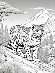 Snow Leopard Coloring Pages - Stealthy White Mountain Cat  black outline printable coloring page