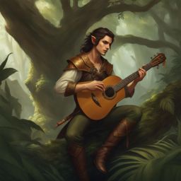 zephyr windrider, a half-elf bard, is charming a dangerous creature with a captivating song in a dense jungle. 