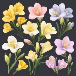 Freesia Clip Art - Fragrant freesia blossoms in pastel hues,  color vector clipart, minimal style