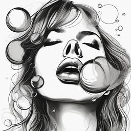 drawing of lips blowing bubbles  minimal rough sketch scribbles,doodles,black and white