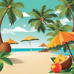 Coconut and Beach Scene Clipart - A tropical beach scene with coconuts.  color vector clipart, minimal style