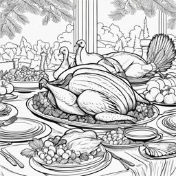 turkey coloring pages - turkeys gather for a festive thanksgiving dinner. 