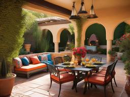 Mediterranean patio features bright colors, textured surfaces, and cozy seating that create an inviting atmosphere for outdoor dining and leisure.  