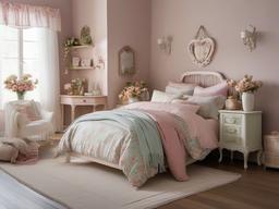 Shabby Chic bedroom is adorned with soft pastel colors, vintage furniture, and floral prints, offering a romantic and cozy retreat.  