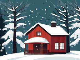 December clipart - cozy cabin in the woods with snow  color,minimalist,vector clipart