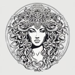 Beautiful Medusa Tattoo - Showcase the beauty and complexity of Medusa with a tattoo design that emphasizes her mythical charm.  simple vector color tattoo,minimal,white background